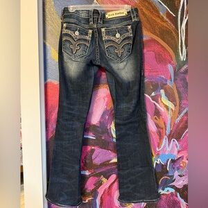 Rock Revival DREW Dark Blue Flare Distressed Jeans Size 27 Hemmed at Buckle